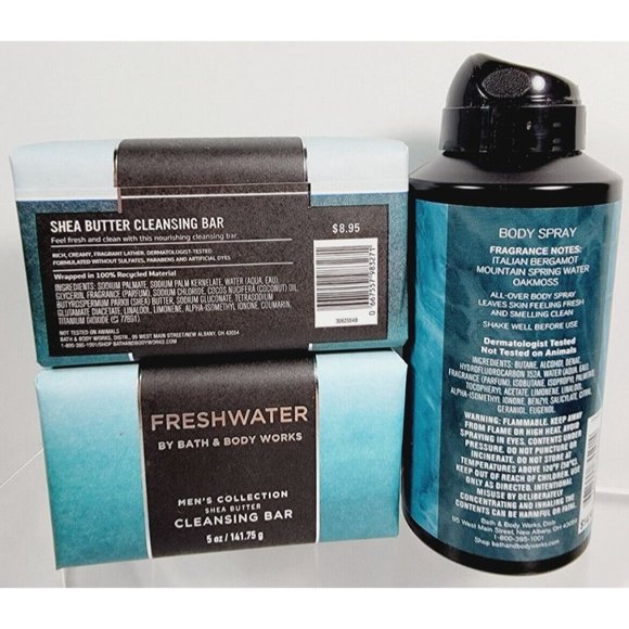 3pc FRESHWATER Bath & Body Works Mens Set 2 Cleansing Soap Bars Body Spray NEW - Picture 5 of 8